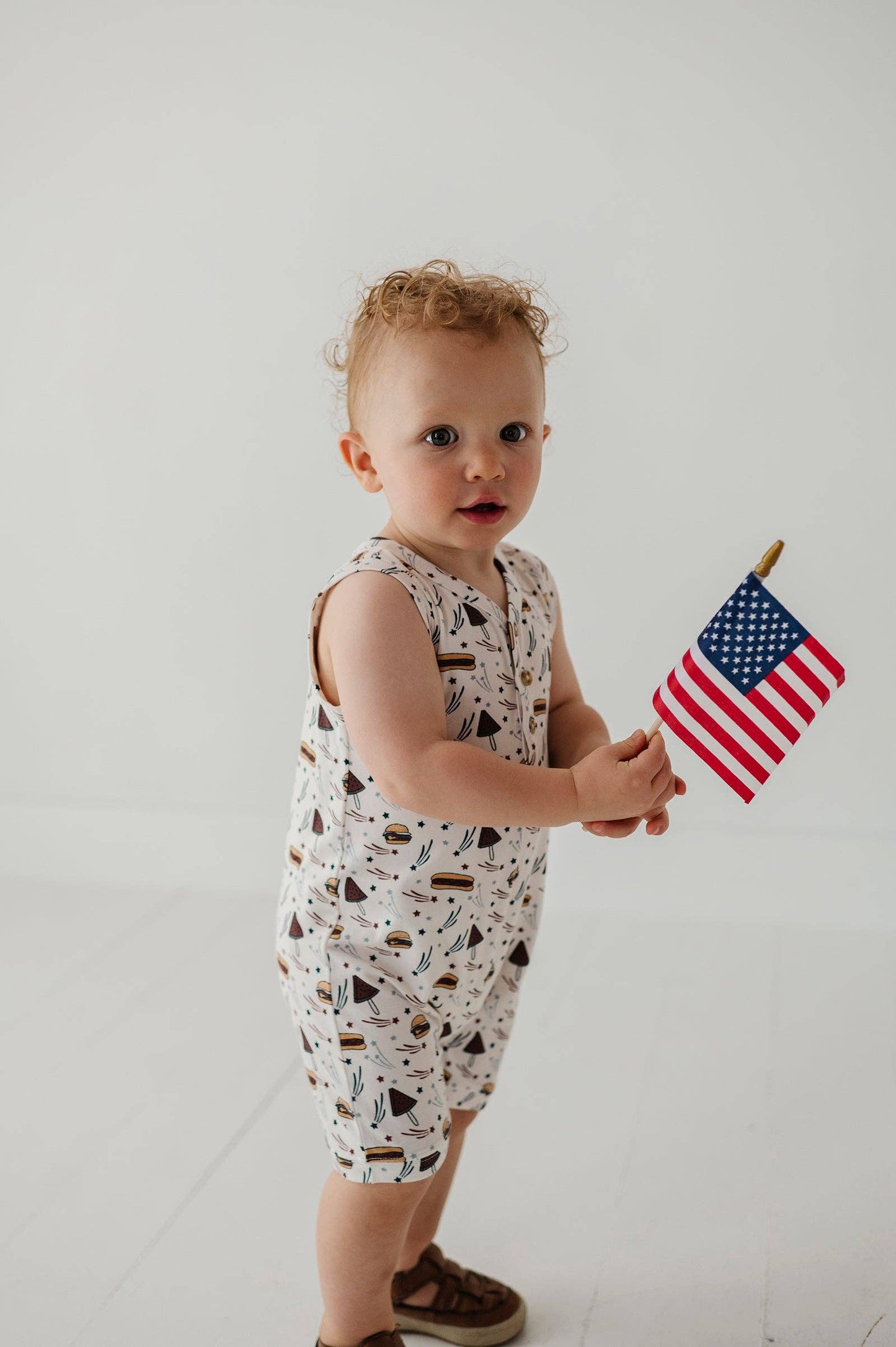 S25 Americana: Boy's Sleeveless Romper: Burgers 'n Dogs