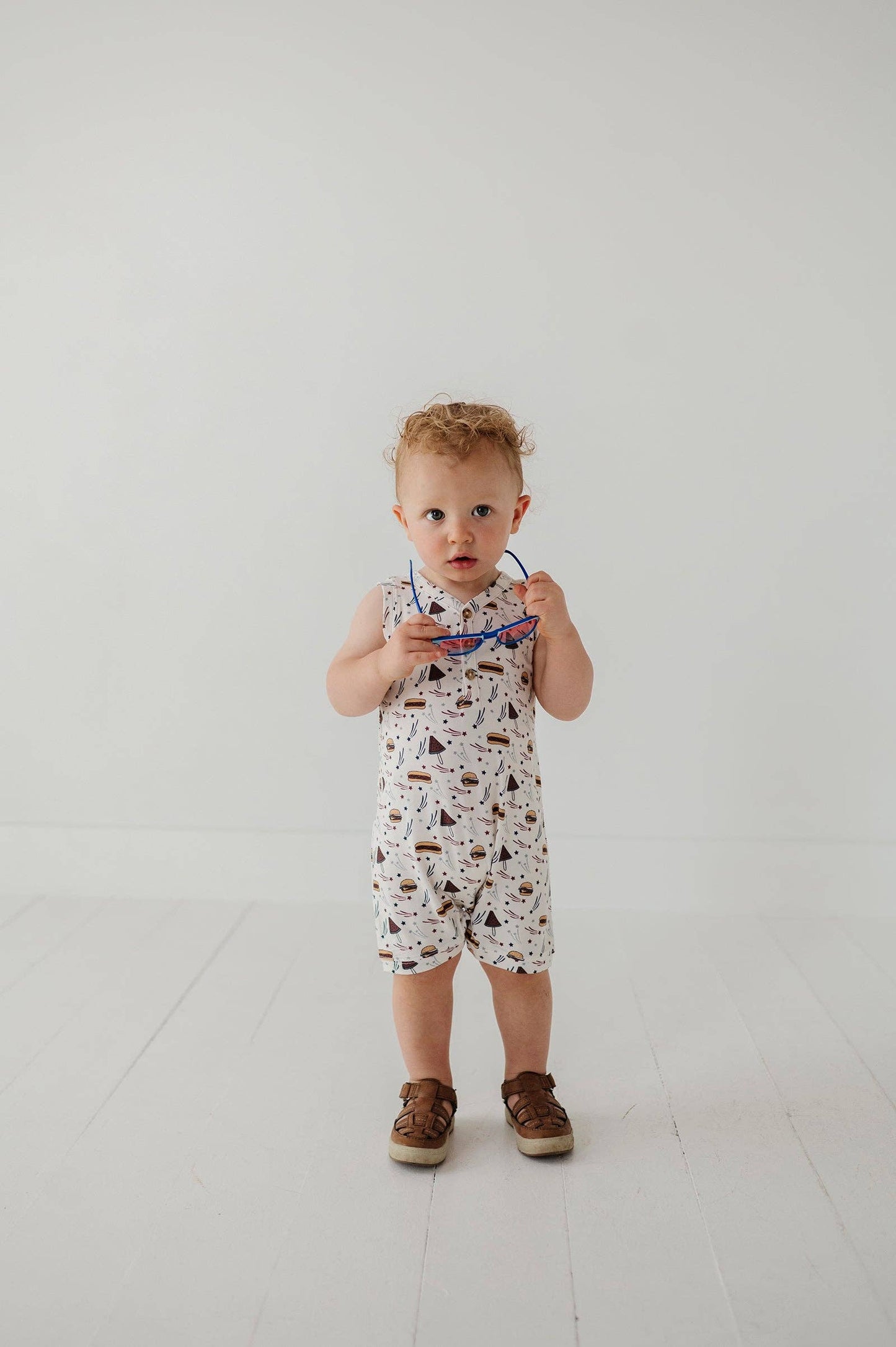 S25 Americana: Boy's Sleeveless Romper: Burgers 'n Dogs