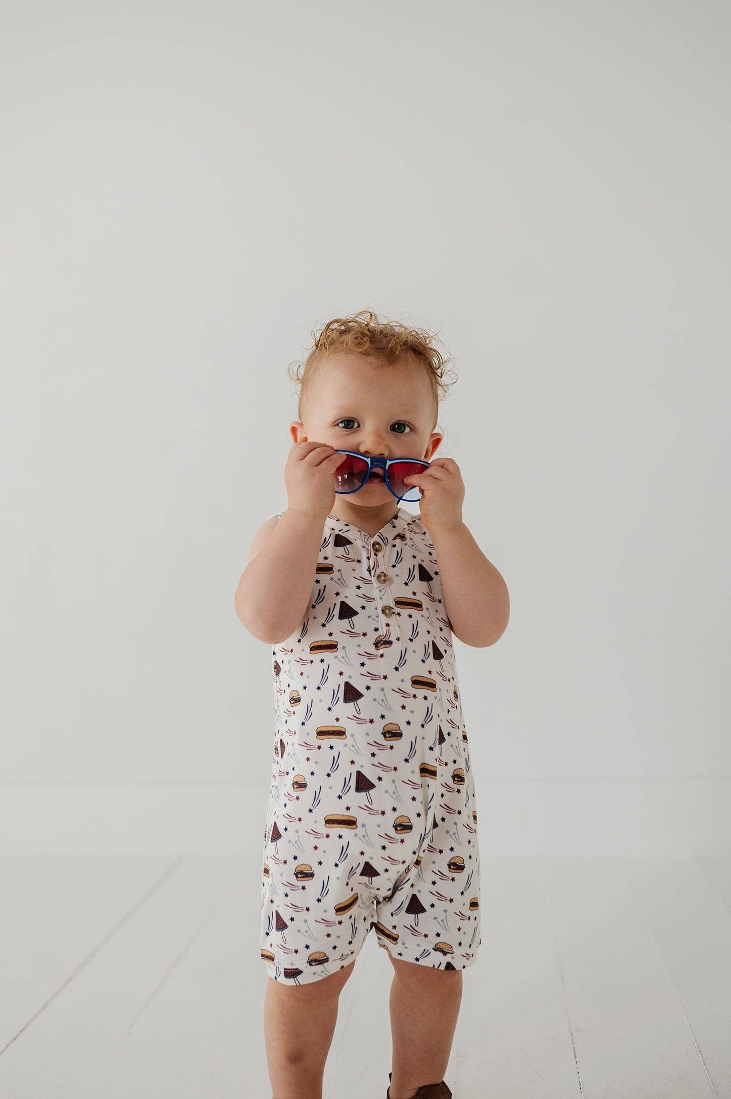 S25 Americana: Boy's Sleeveless Romper: Burgers 'n Dogs