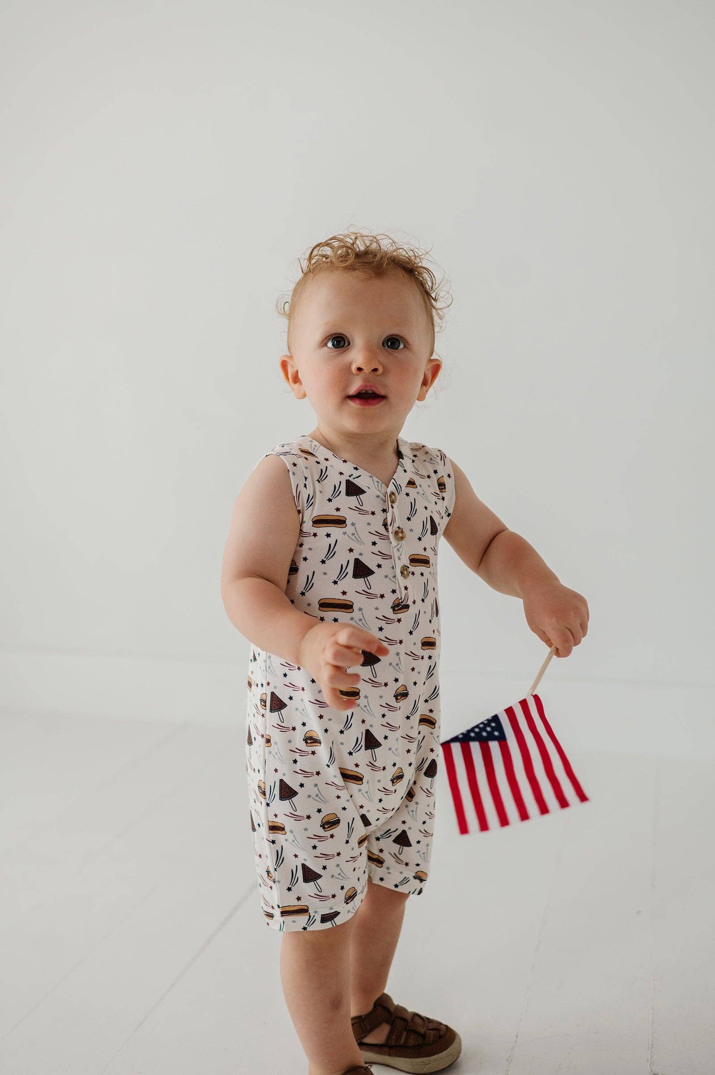 S25 Americana: Boy's Sleeveless Romper: Burgers 'n Dogs