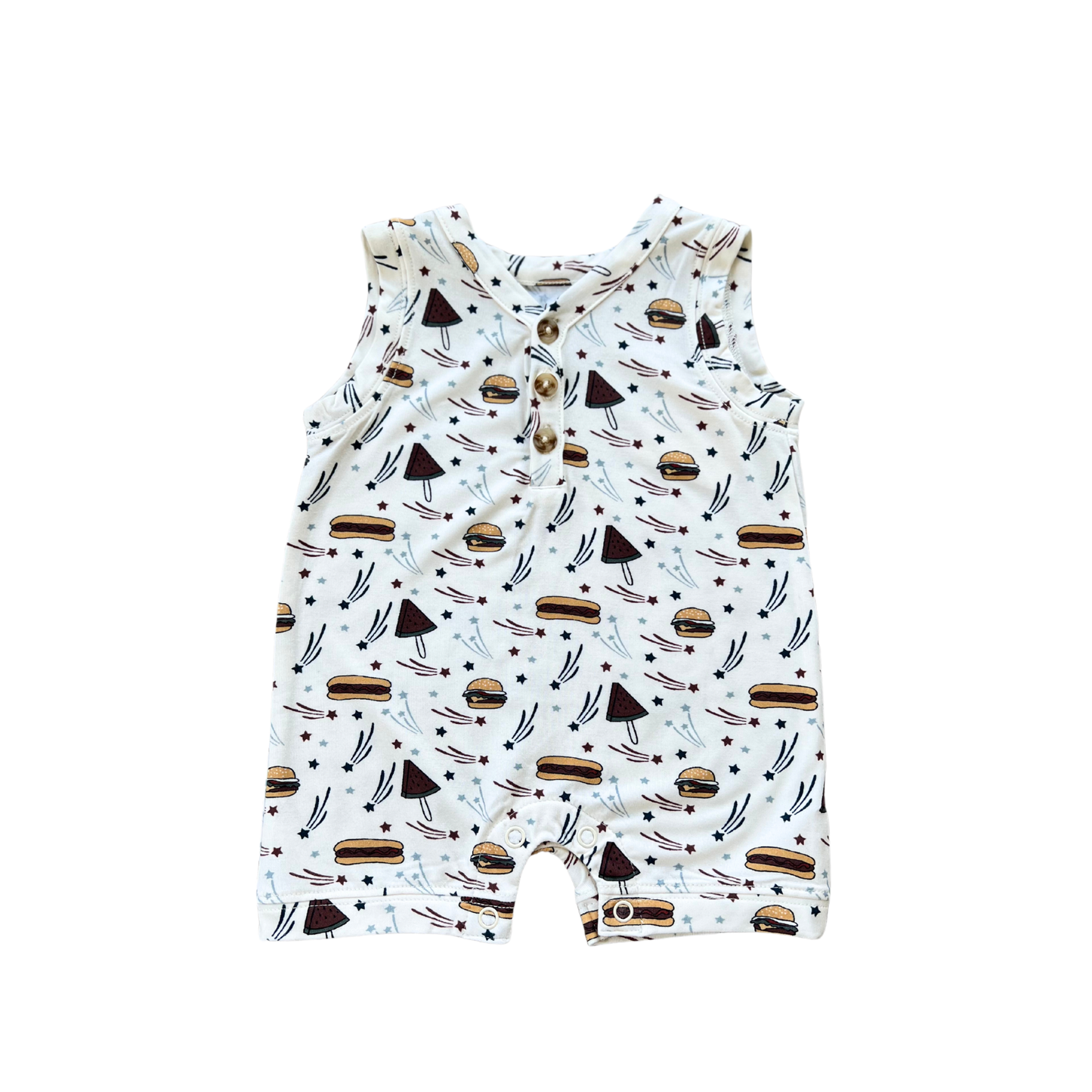 S25 Americana: Boy's Sleeveless Romper: Burgers 'n Dogs