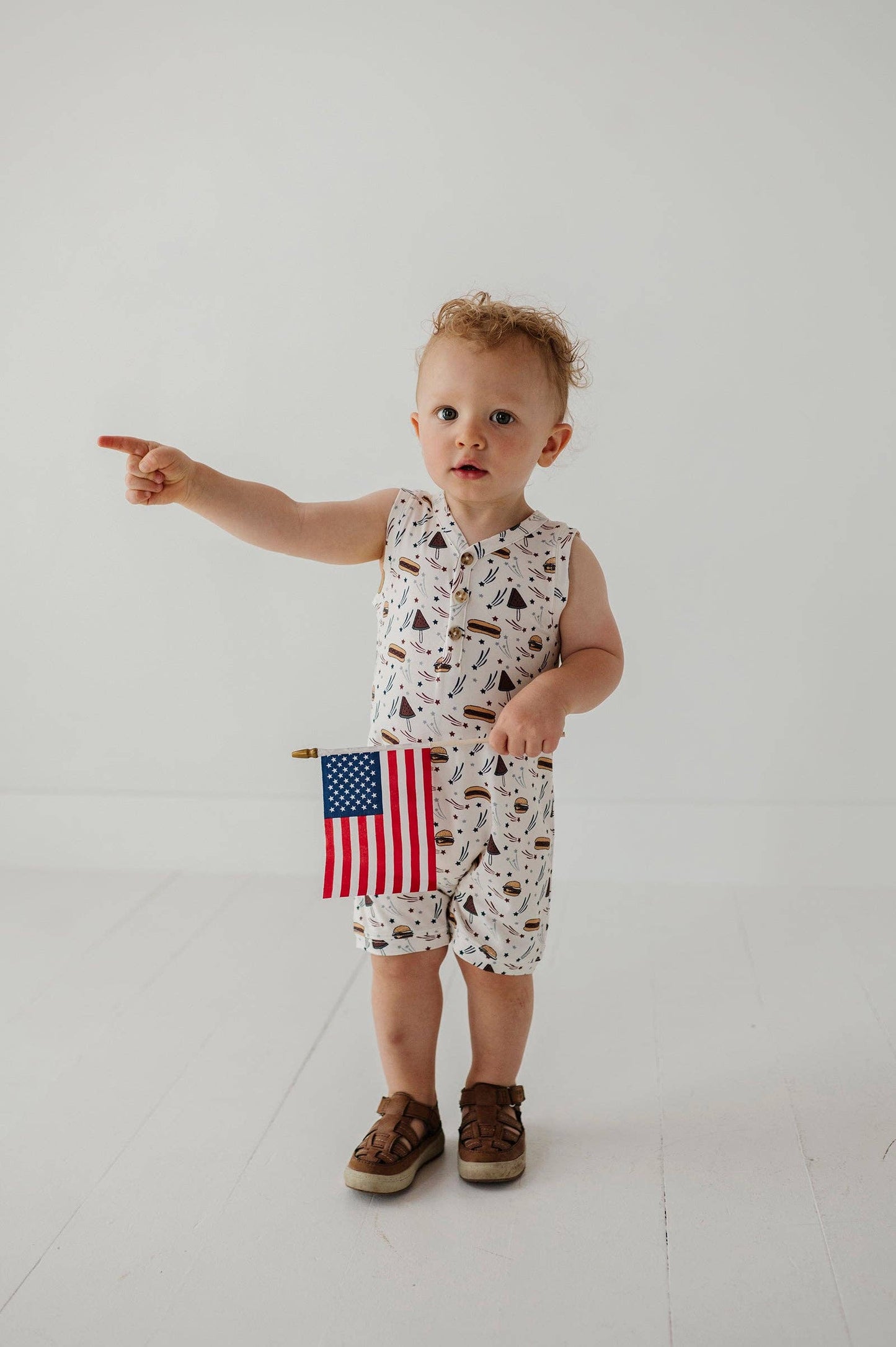 S25 Americana: Boy's Sleeveless Romper: Burgers 'n Dogs