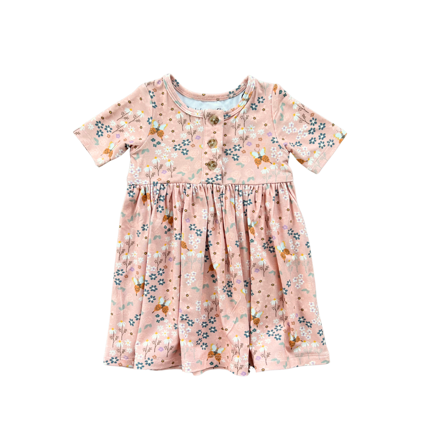 Short Sleeve Henley Dress: Butterfly Garden