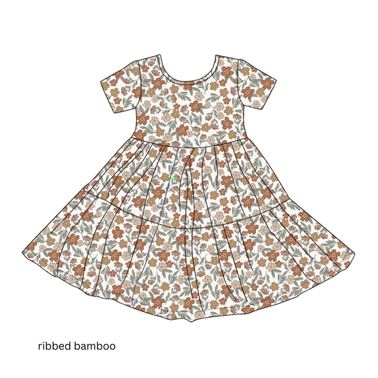 Ribbed Bamboo Short Sleeve Twirl Dress - Dusty Clay Floral