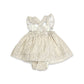 Ditsy Floral Ruffle Cross Back Flare Baby Dress+Bloomer: Light Tan