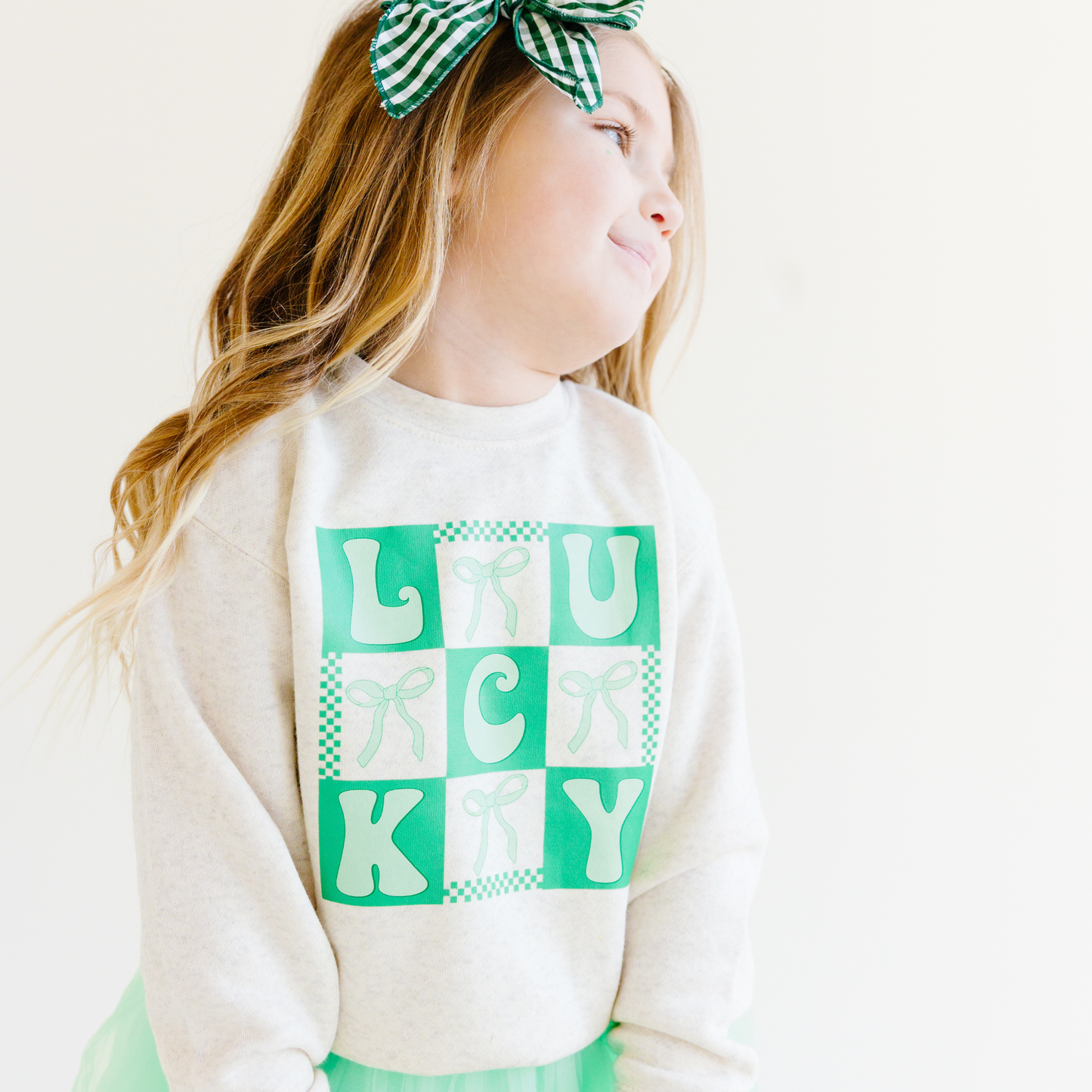 Lucky Coquette Bow St. Patrick's Day Kids Sweatshirt: Natural Heather