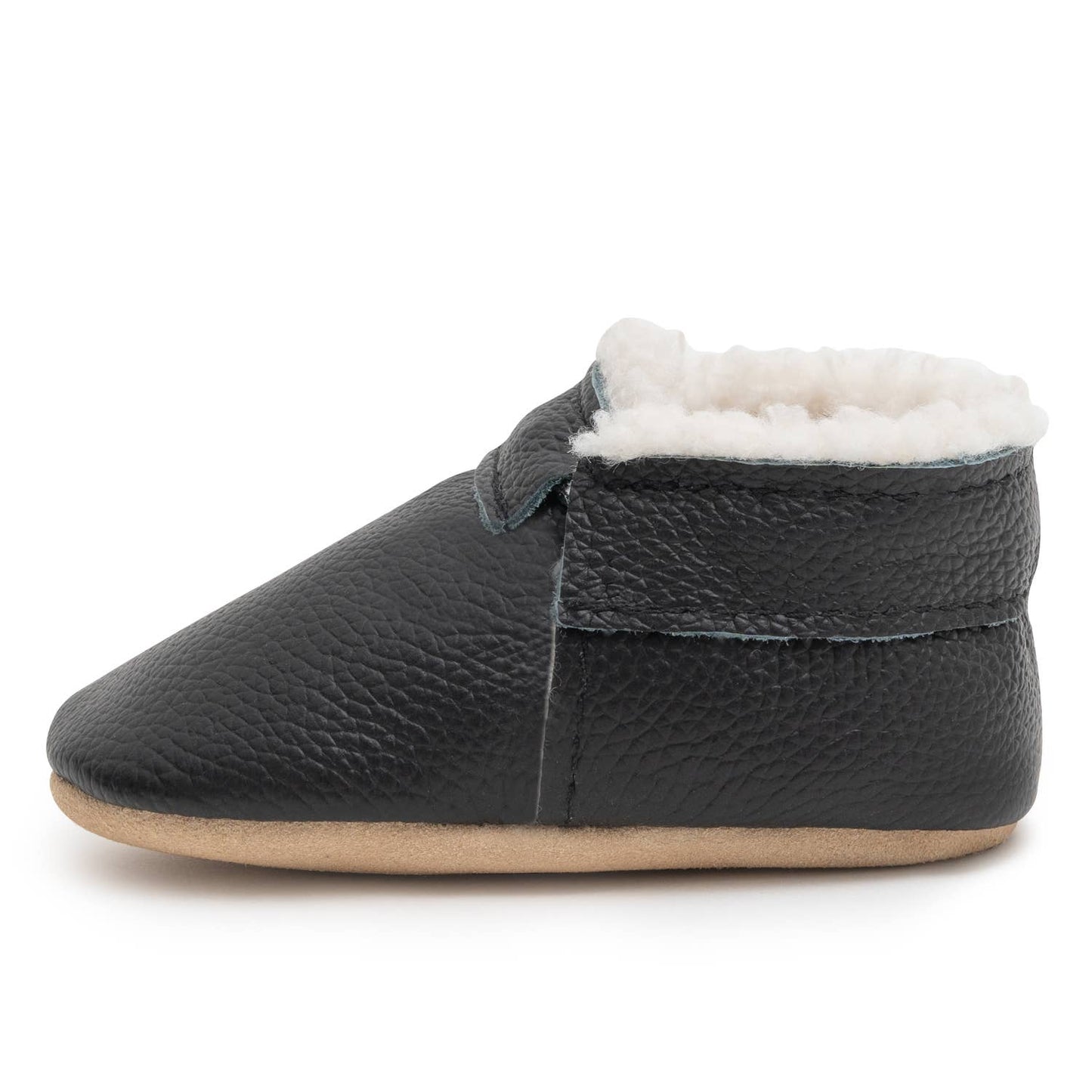 Fringeless Sherpa Baby Moccasins - Baby Shoes (Black & Tan)