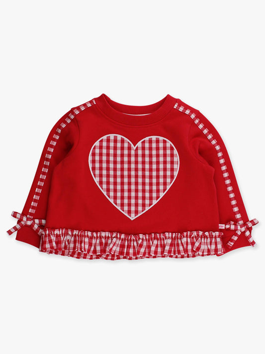 Girls Heart Red Gingham Applique Ruffle Bow Sweatshirt: Red