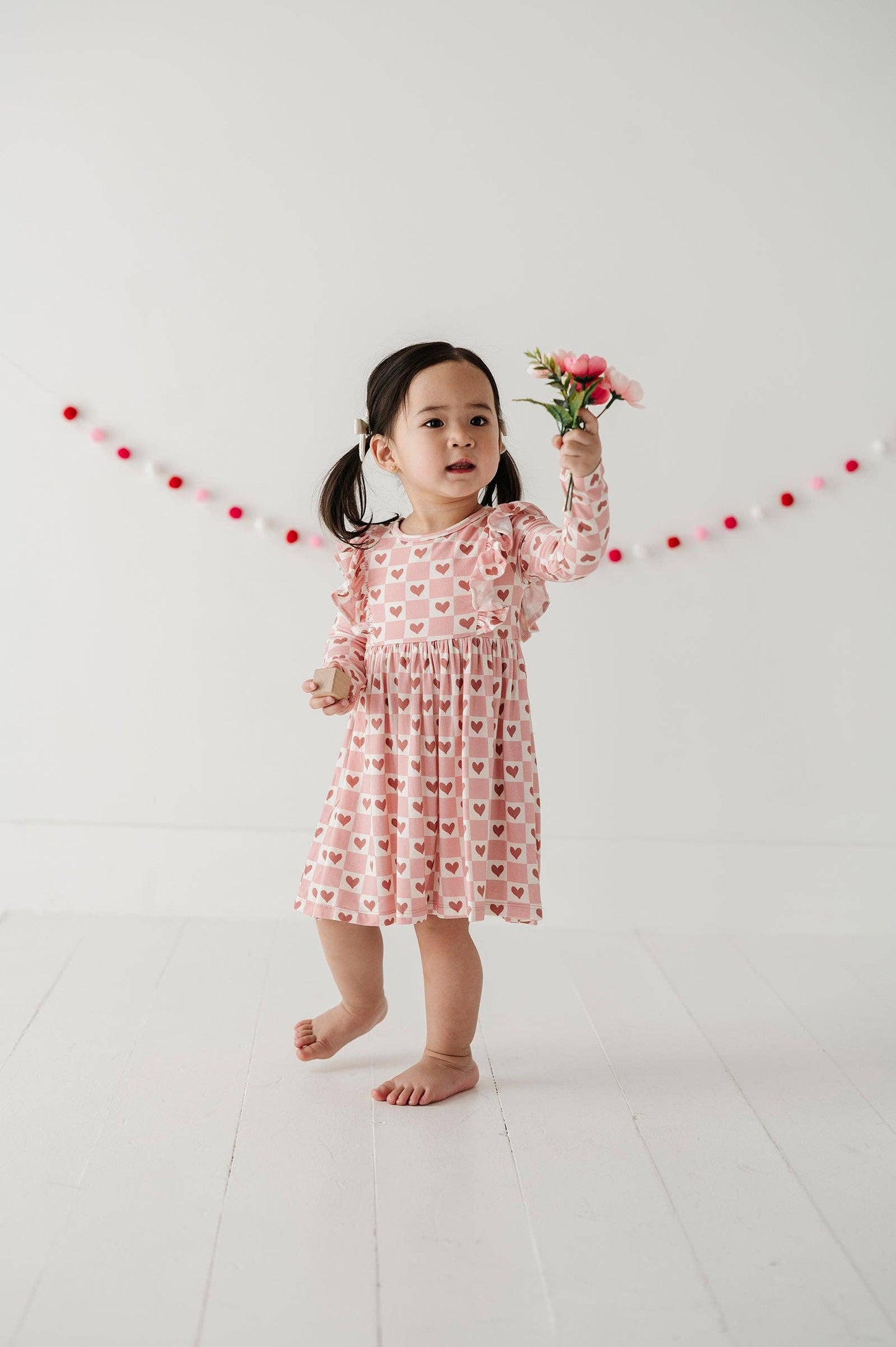 Girl's Long Sleeve Ruffle Dress: Checkered Girl's Hearts