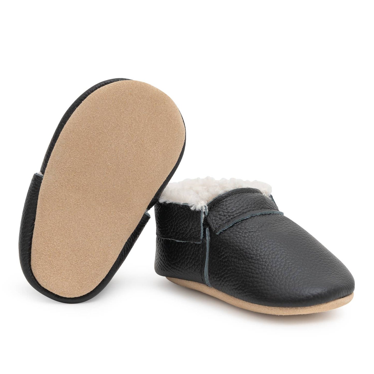 Fringeless Sherpa Baby Moccasins - Baby Shoes (Black & Tan)