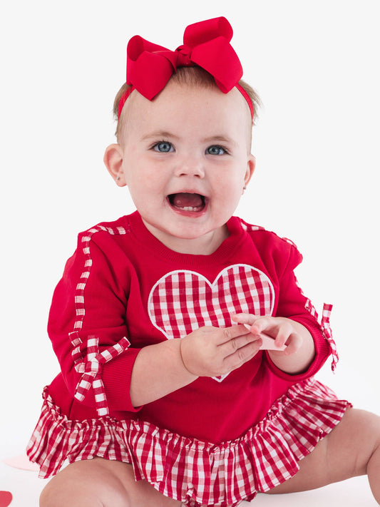 Baby Girls Heart Red Gingham Applique Ruffle Bow Sweatshirt Swing Top & Bloomer Set: Red / 0-3m