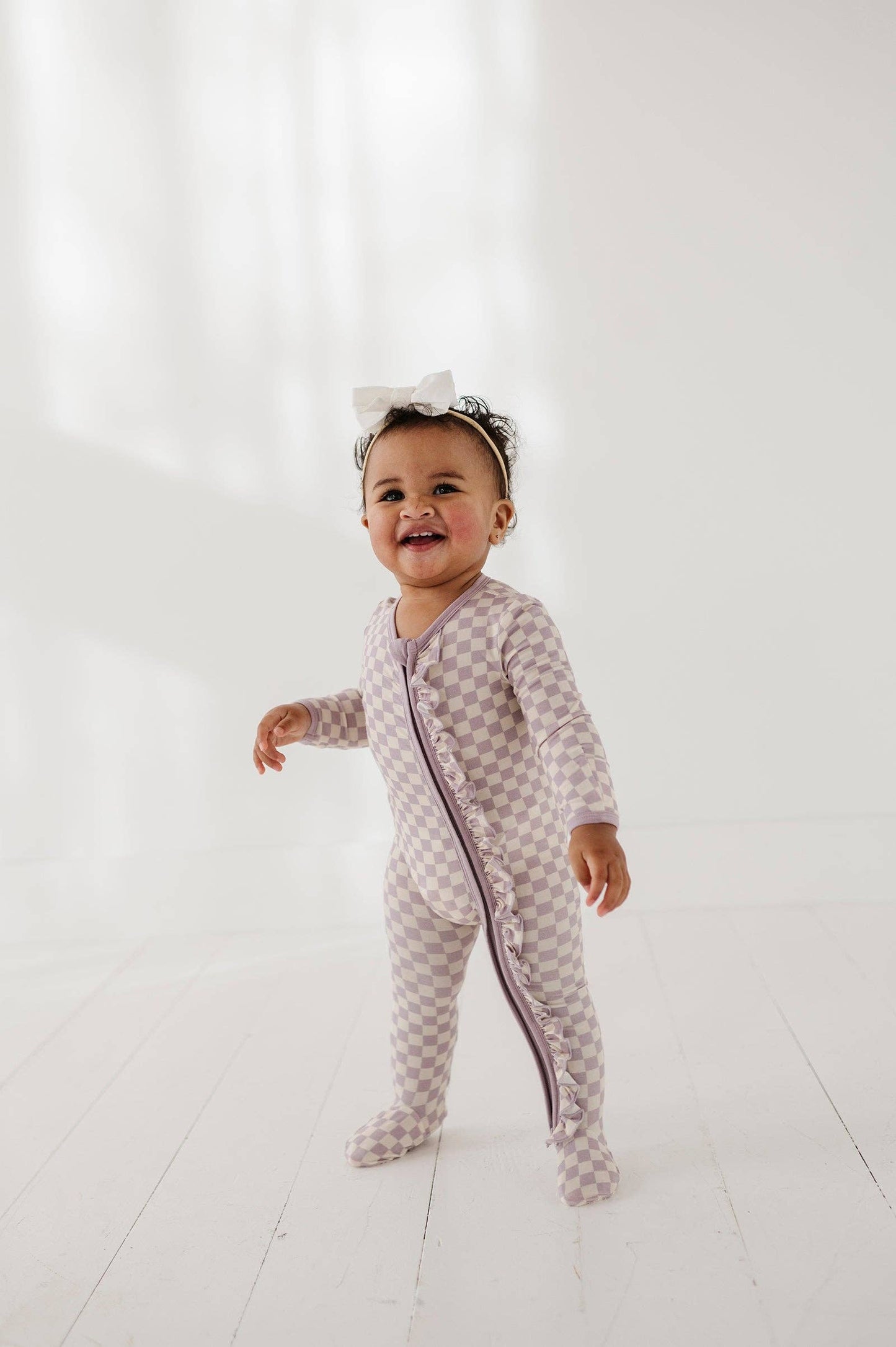 Footie Romper: Lavender Cloud Checkered