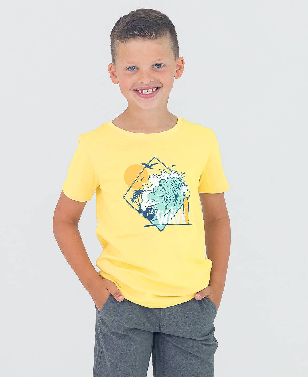 Boys "See You On The Next Wave" Short Sleeve Surfing Graphic Tee: Yellow