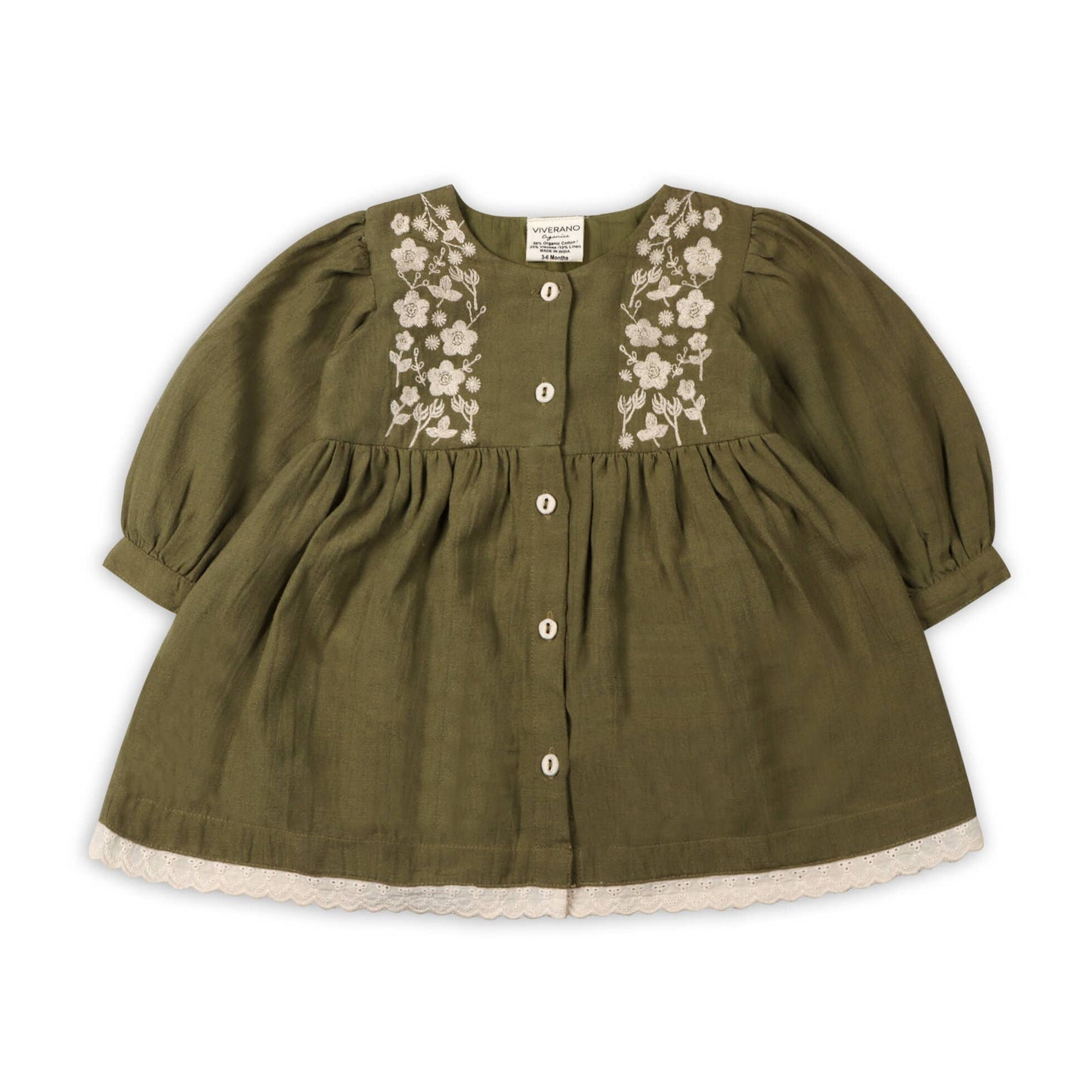 Hazel Embroidered Baby Dress & Bloomer Set (Linen Blend): Olive Green