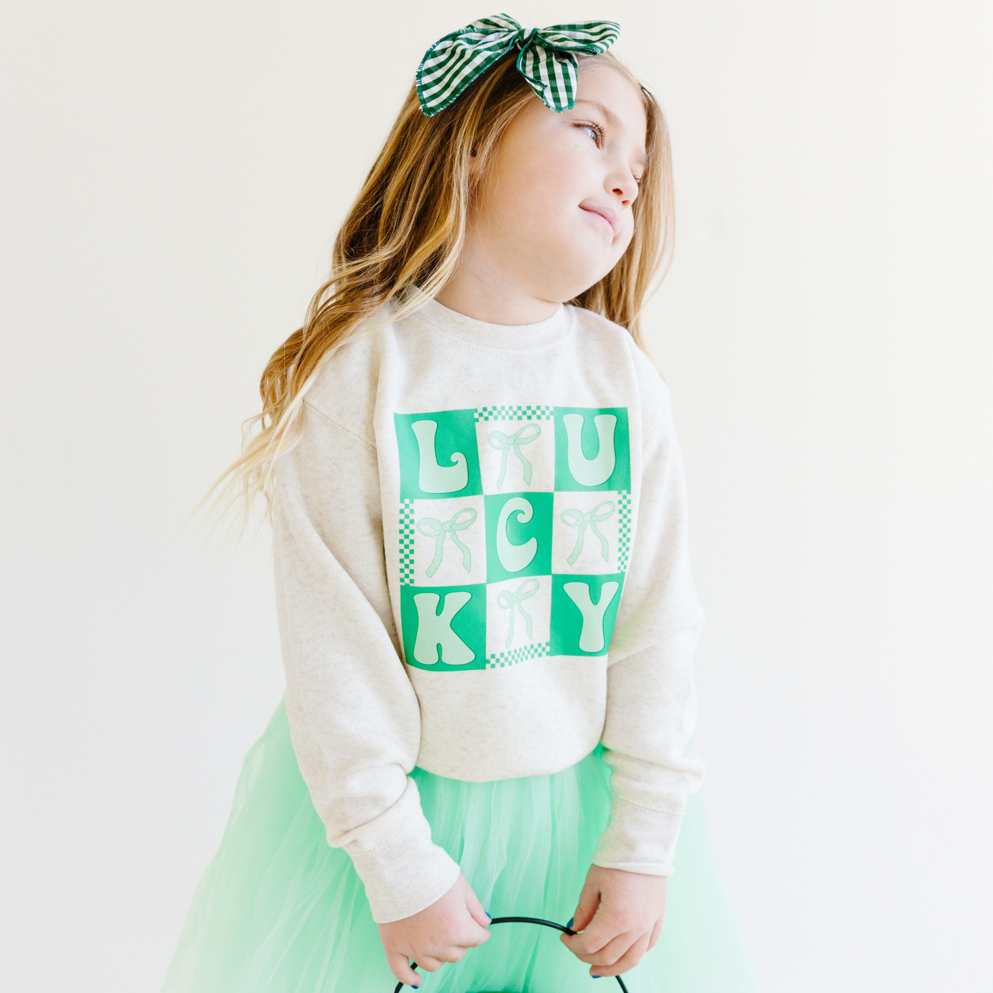 Lucky Coquette Bow St. Patrick's Day Kids Sweatshirt: Natural Heather