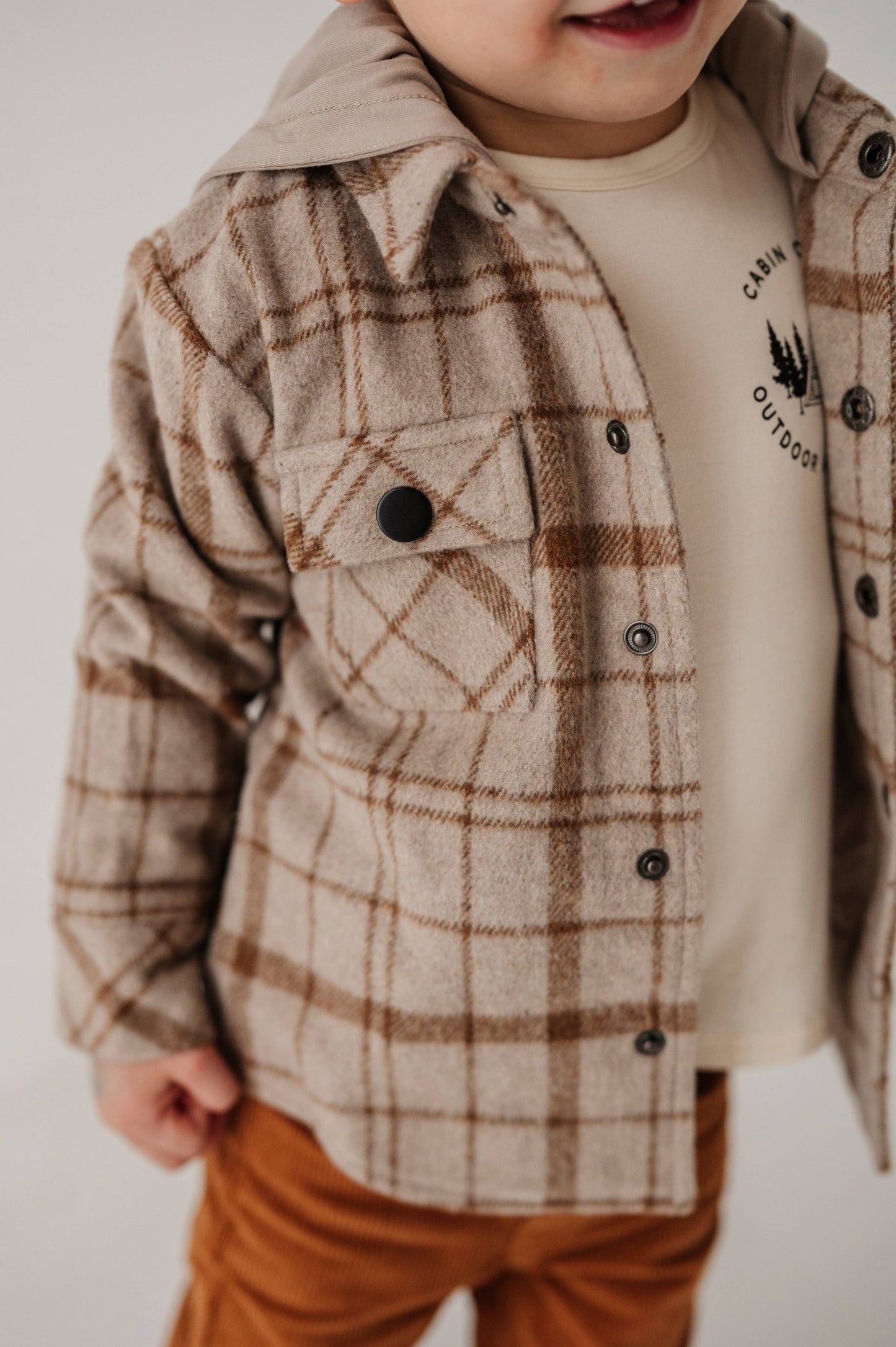 Hooded Shacket:Toffee Beige Plaid