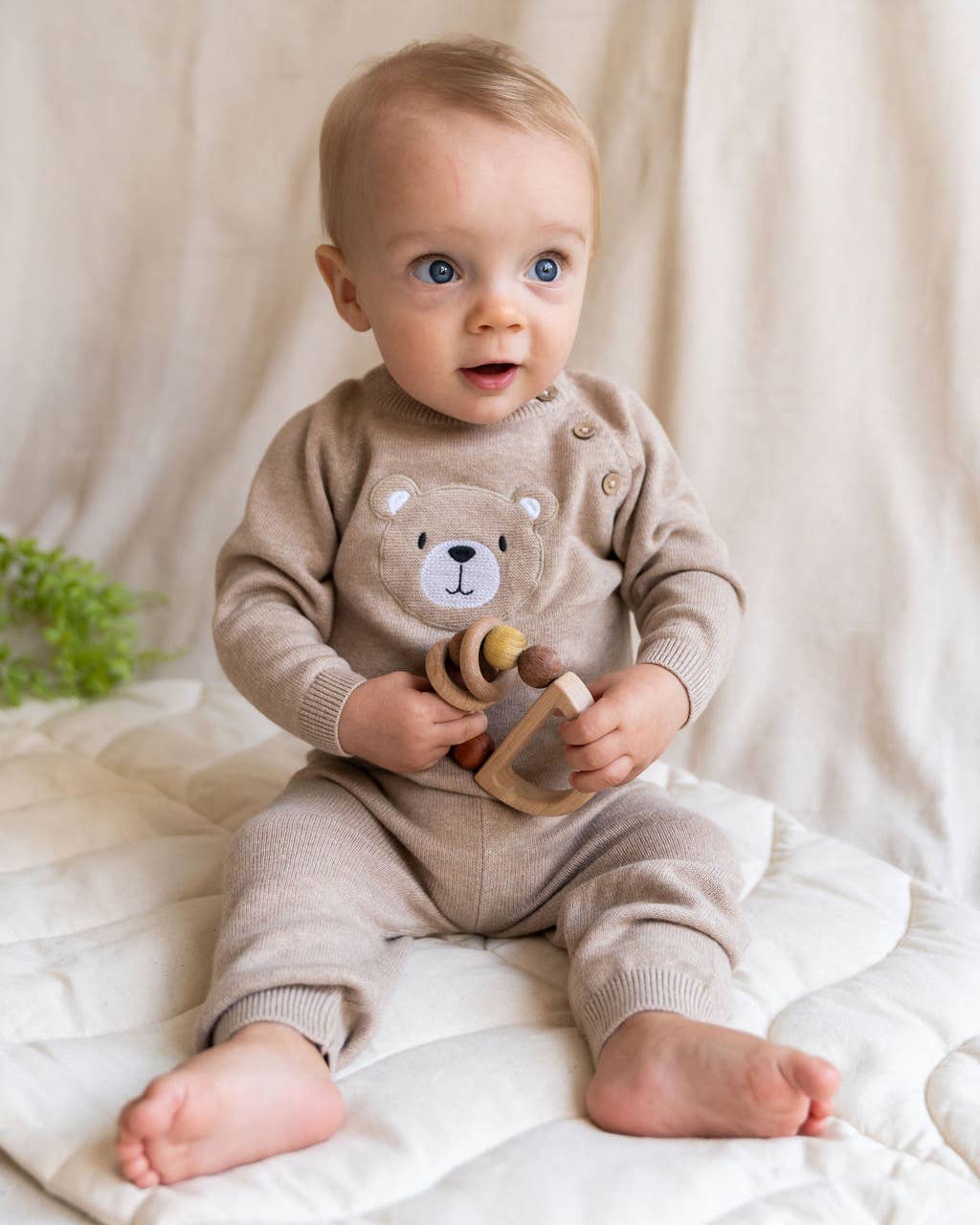 Teddy Bear Applique Baby Raglan Pullover (Organic Cotton): Oat Heather