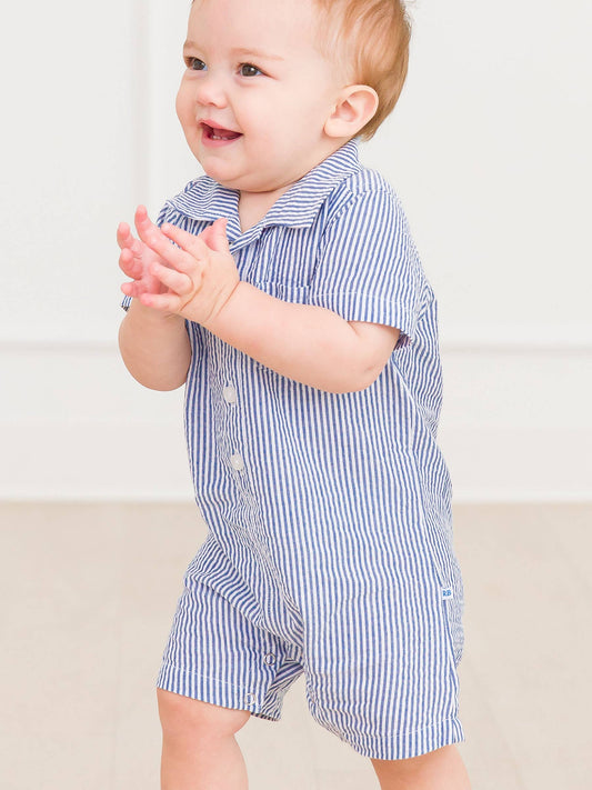 Baby Boys Classic Blue Seersucker Button-Up Romper: Blue