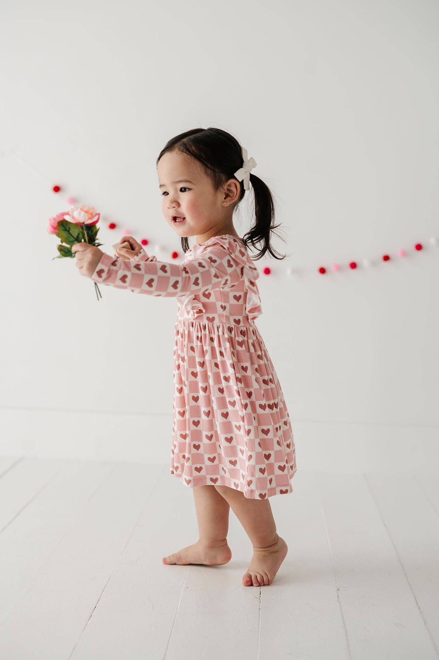 Girl's Long Sleeve Ruffle Dress: Checkered Girl's Hearts