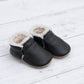 Fringeless Sherpa Baby Moccasins - Baby Shoes (Black & Tan)