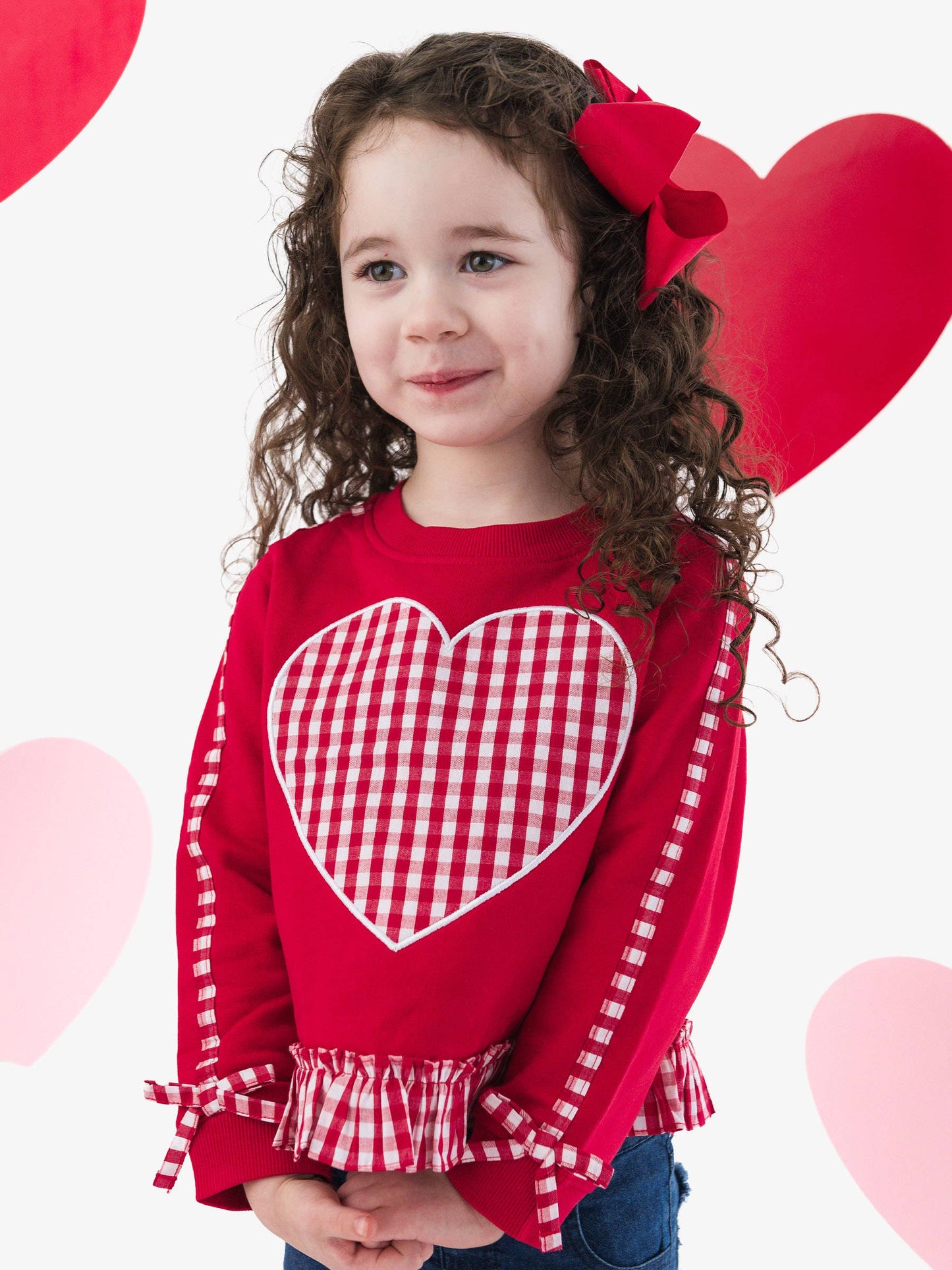 Girls Heart Red Gingham Applique Ruffle Bow Sweatshirt: Red