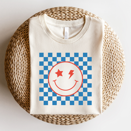 Checkered Smiley Face 4th of July Graphic Tee