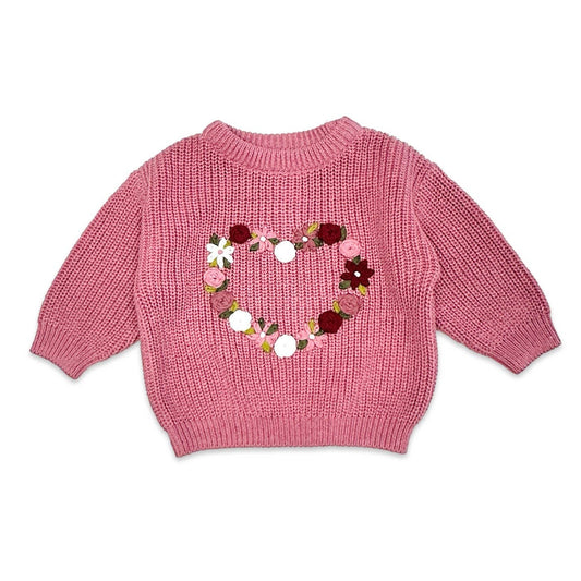 French Rose Heart Embroidered Slouchy Baby Sweater Cardigan: Bubblegum Pink