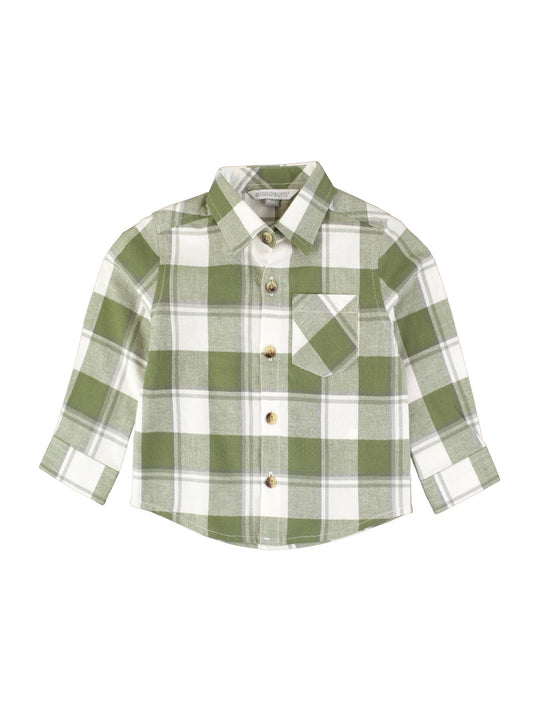 Boys Dusty Olive Plaid Flannel Long Sleeve Button Down Shirt: Green