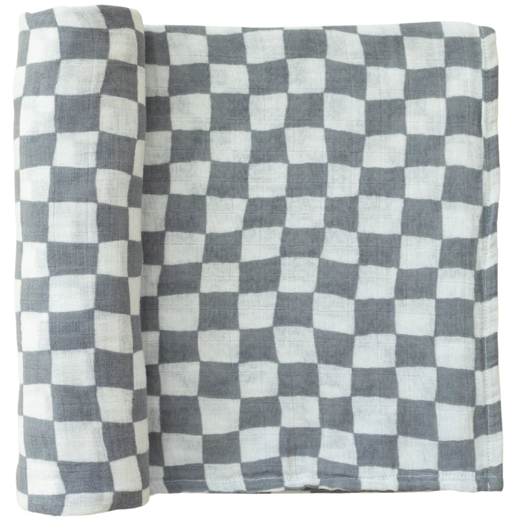 Dusty Blue Wavy Checkered Muslin Swaddle Blanket