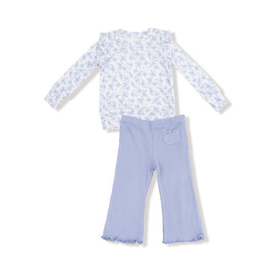Romi Floral - Ruffle Shoulder Rib Shirt And Waffle Flare Pant