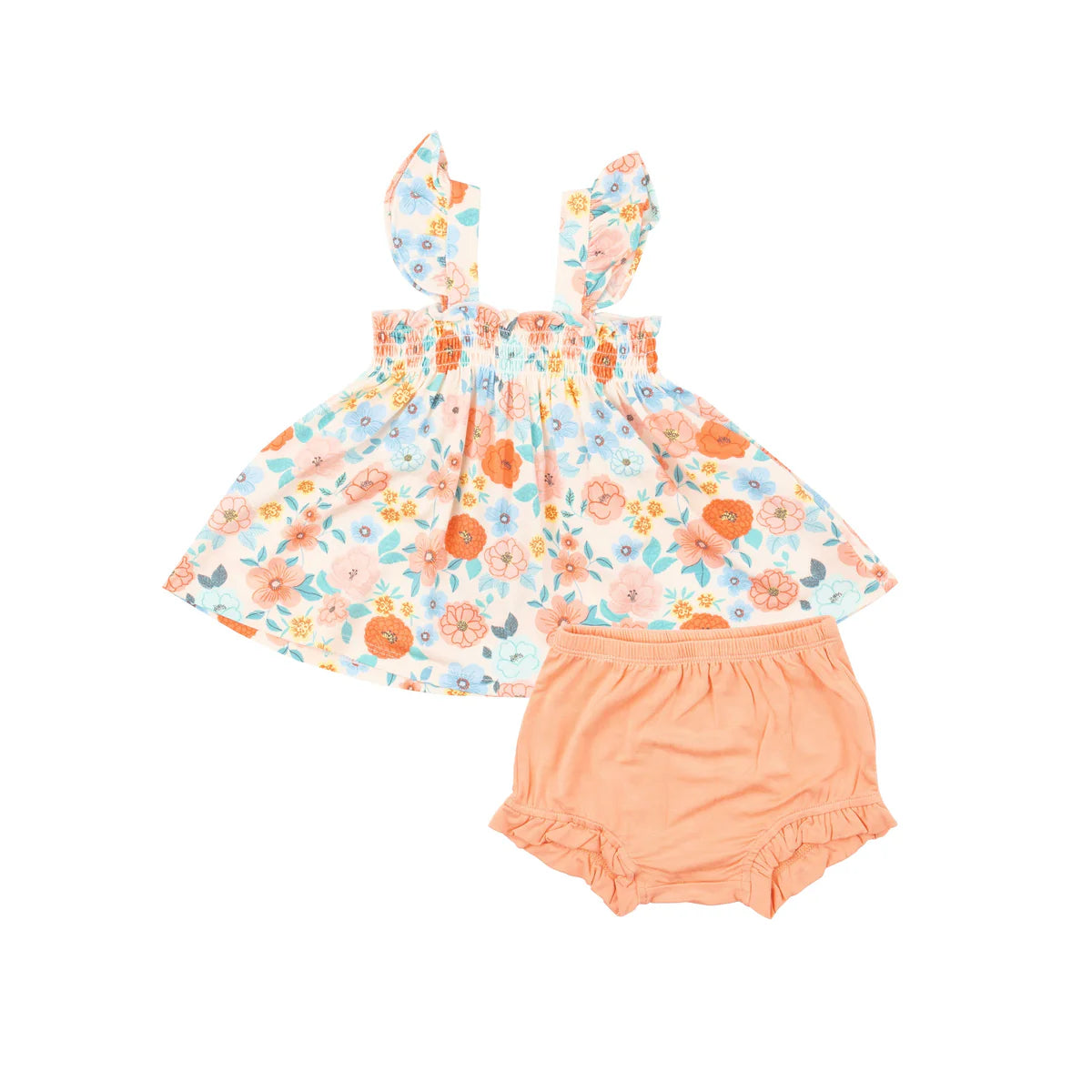 RUFFLE STRAP SMOCKED TOP AND DIAPER COVER - FLOWER CART