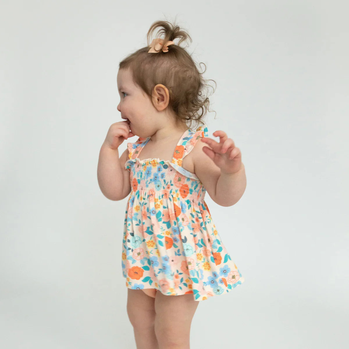 RUFFLE STRAP SMOCKED TOP AND DIAPER COVER - FLOWER CART