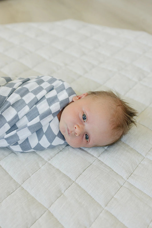 Dusty Blue Waved Checker Muslin Swaddle Blanket
