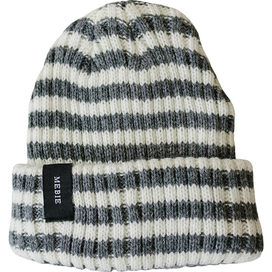 Grey and White Stripe Chunky Knit Beanie