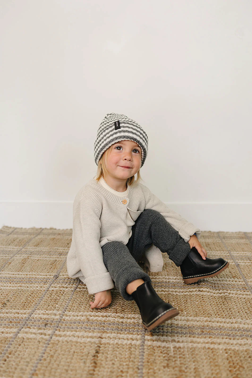 Grey and White Stripe Chunky Knit Beanie