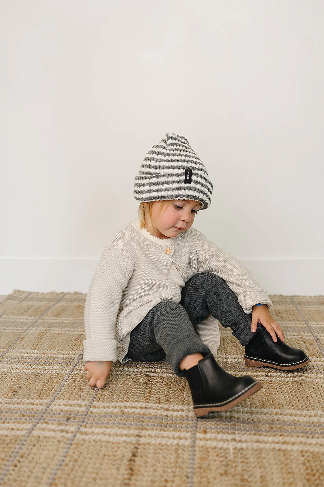 Grey and White Stripe Chunky Knit Beanie