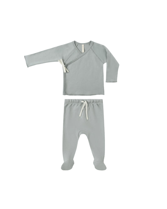 Wrap Top + Footed Pant Set || Steel Blue- Newborn