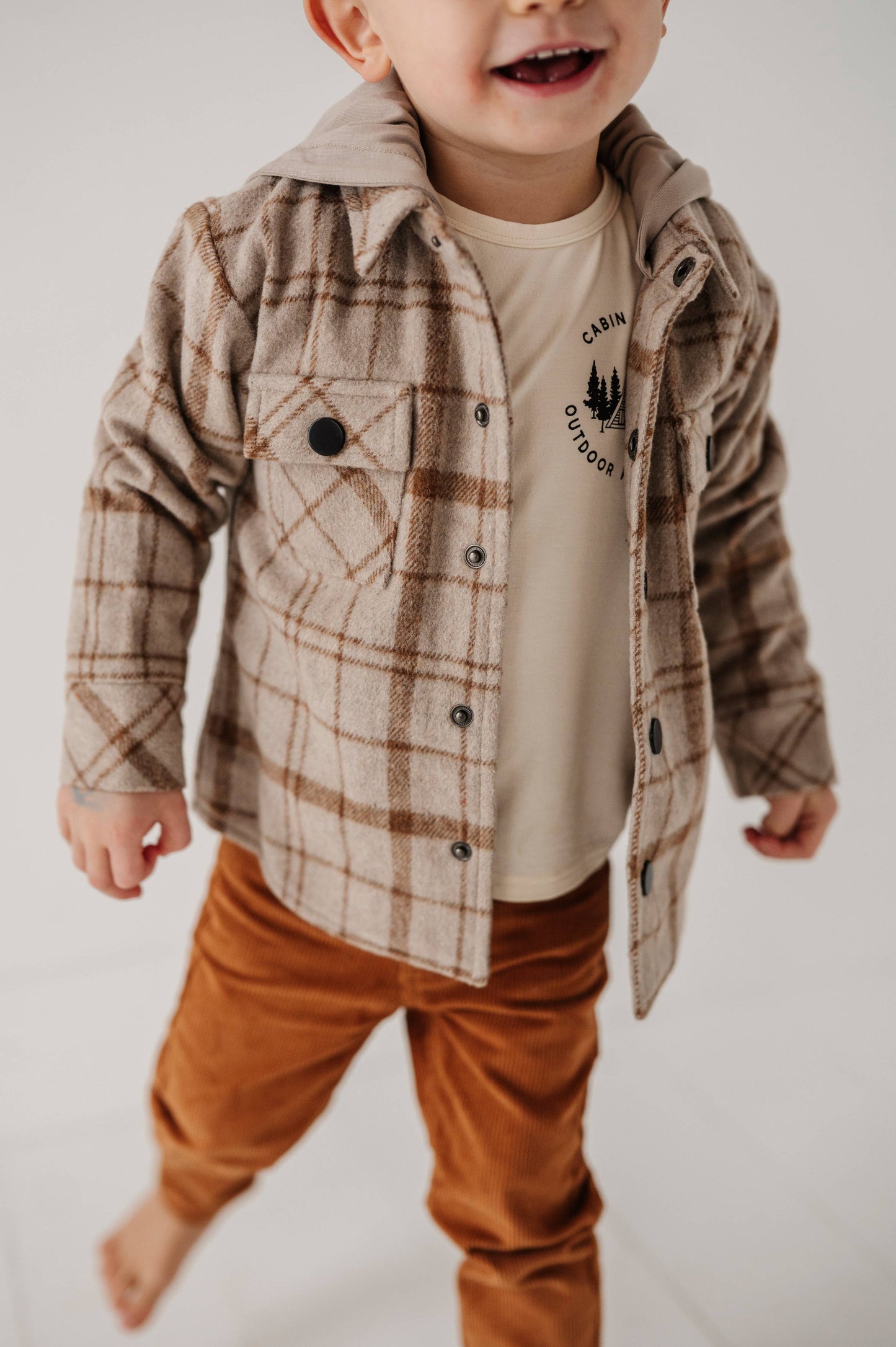 Hooded Shacket:Toffee Beige Plaid