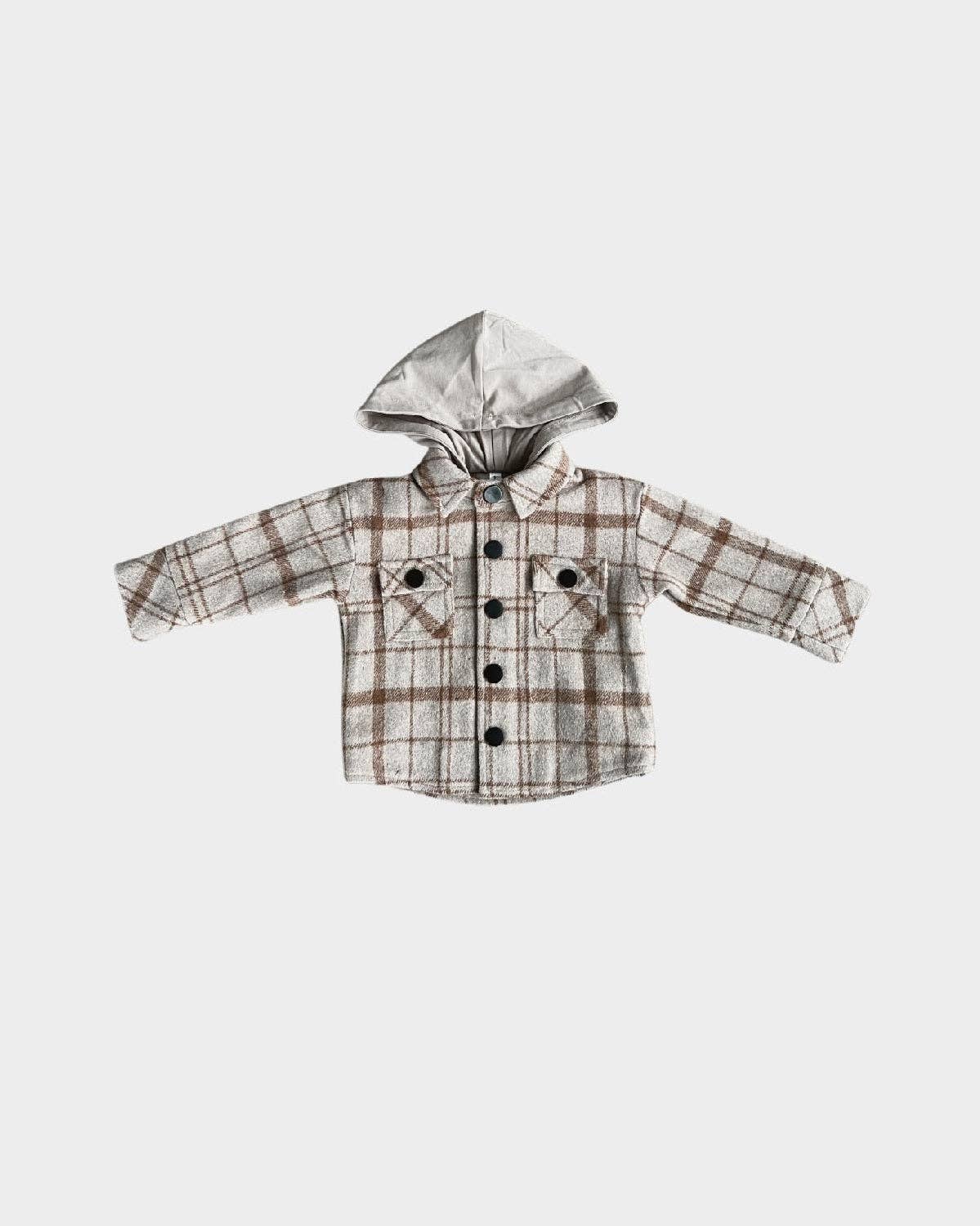 Hooded Shacket:Toffee Beige Plaid