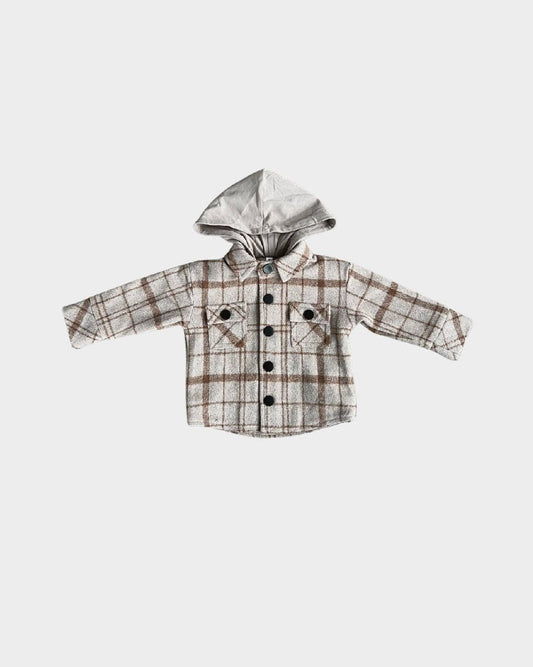 Hooded Shacket:Toffee Beige Plaid