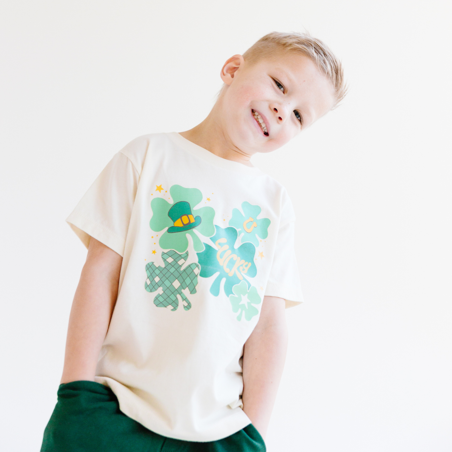 Lucky Clover St. Patricks Day Top Hat Kids shirt  : Natural