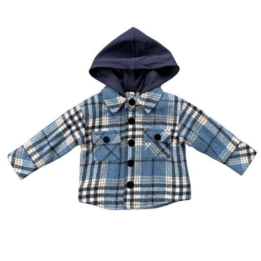 Hooded Shacket: Blue Plaid