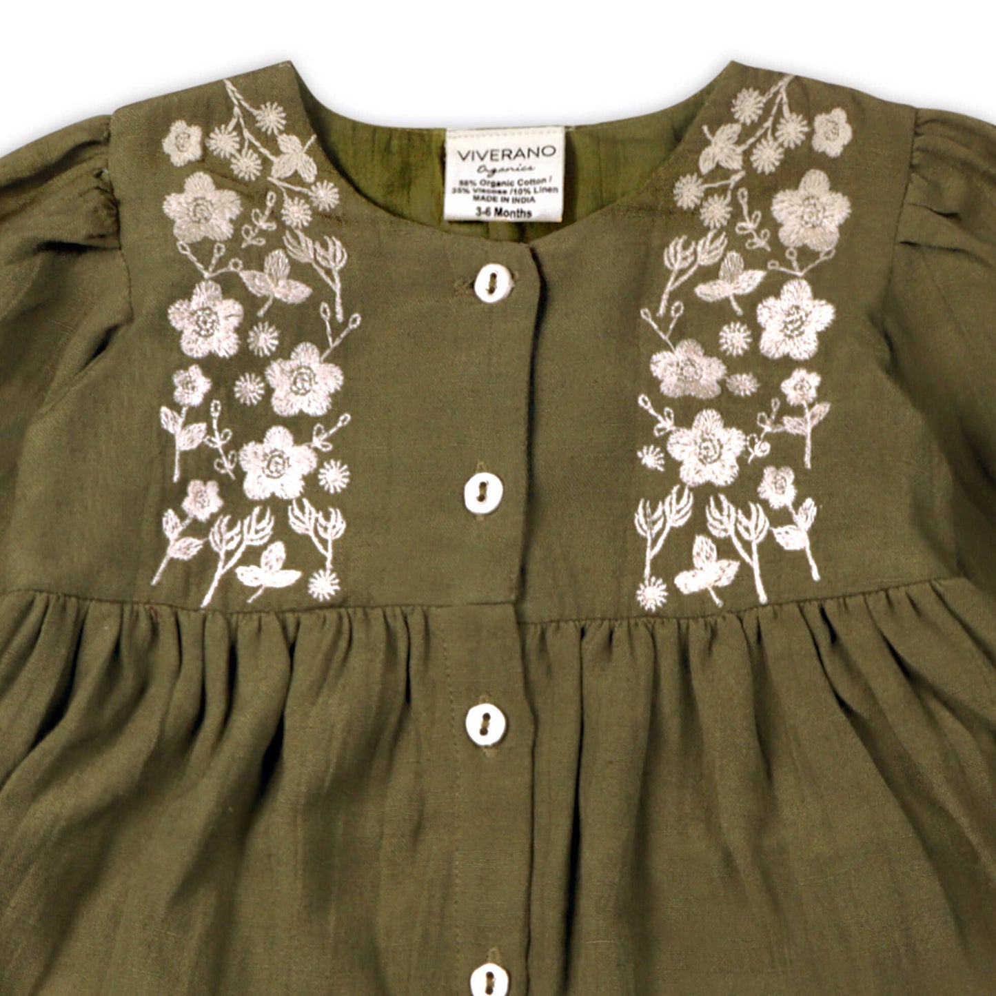 Hazel Embroidered Baby Dress & Bloomer Set (Linen Blend): Olive Green