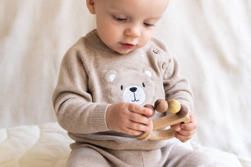 Teddy Bear Applique Baby Raglan Pullover (Organic Cotton): Oat Heather