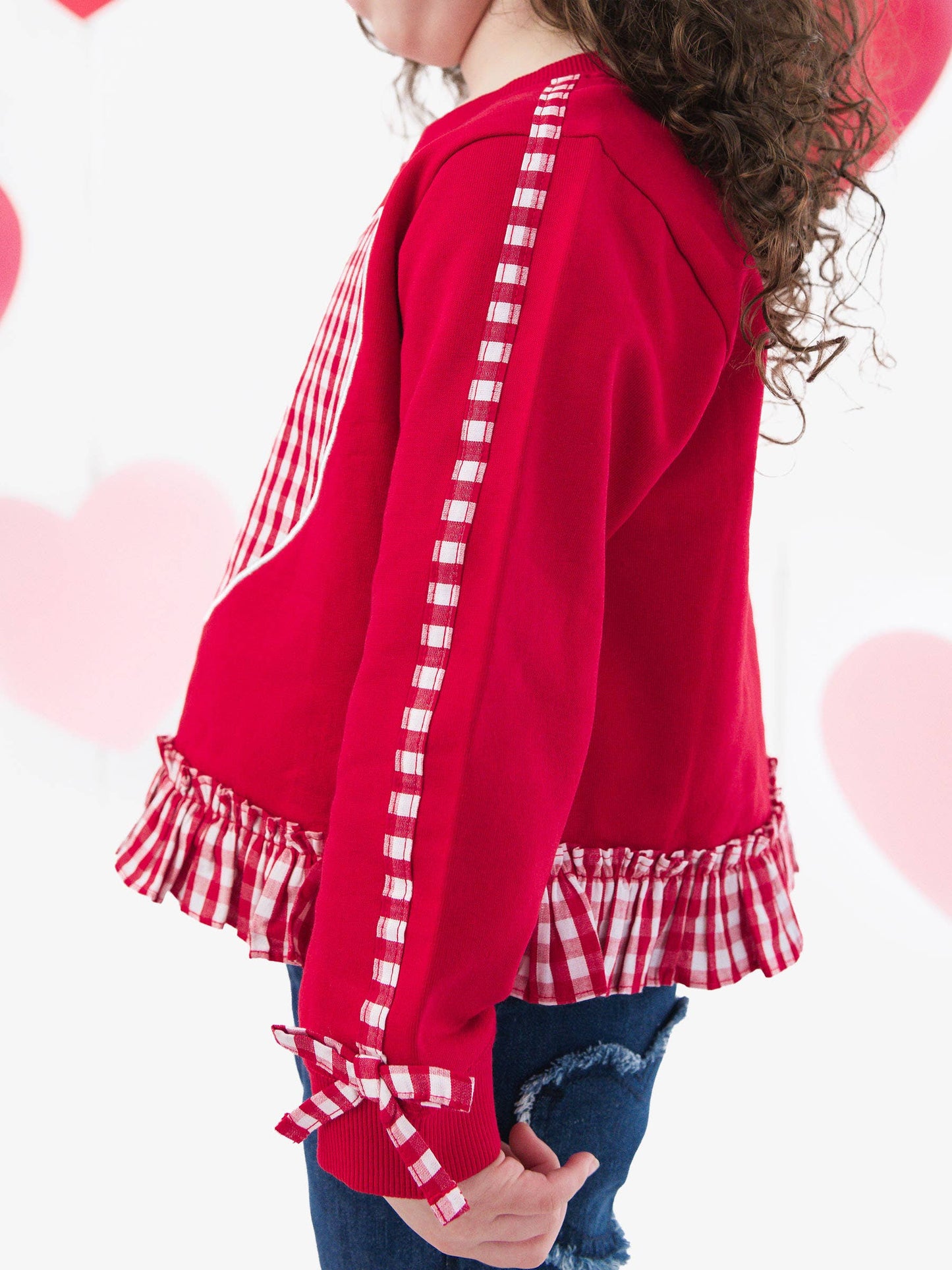 Girls Heart Red Gingham Applique Ruffle Bow Sweatshirt: Red
