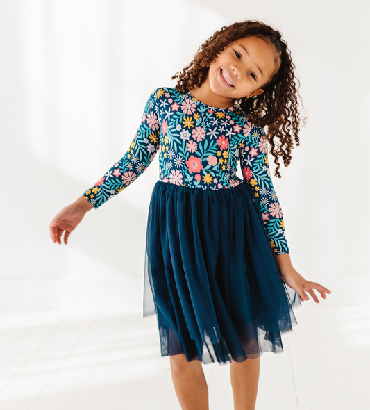 Bamboo + Tulle Dress - Girls Navy Floral Tulle Dress - Maren