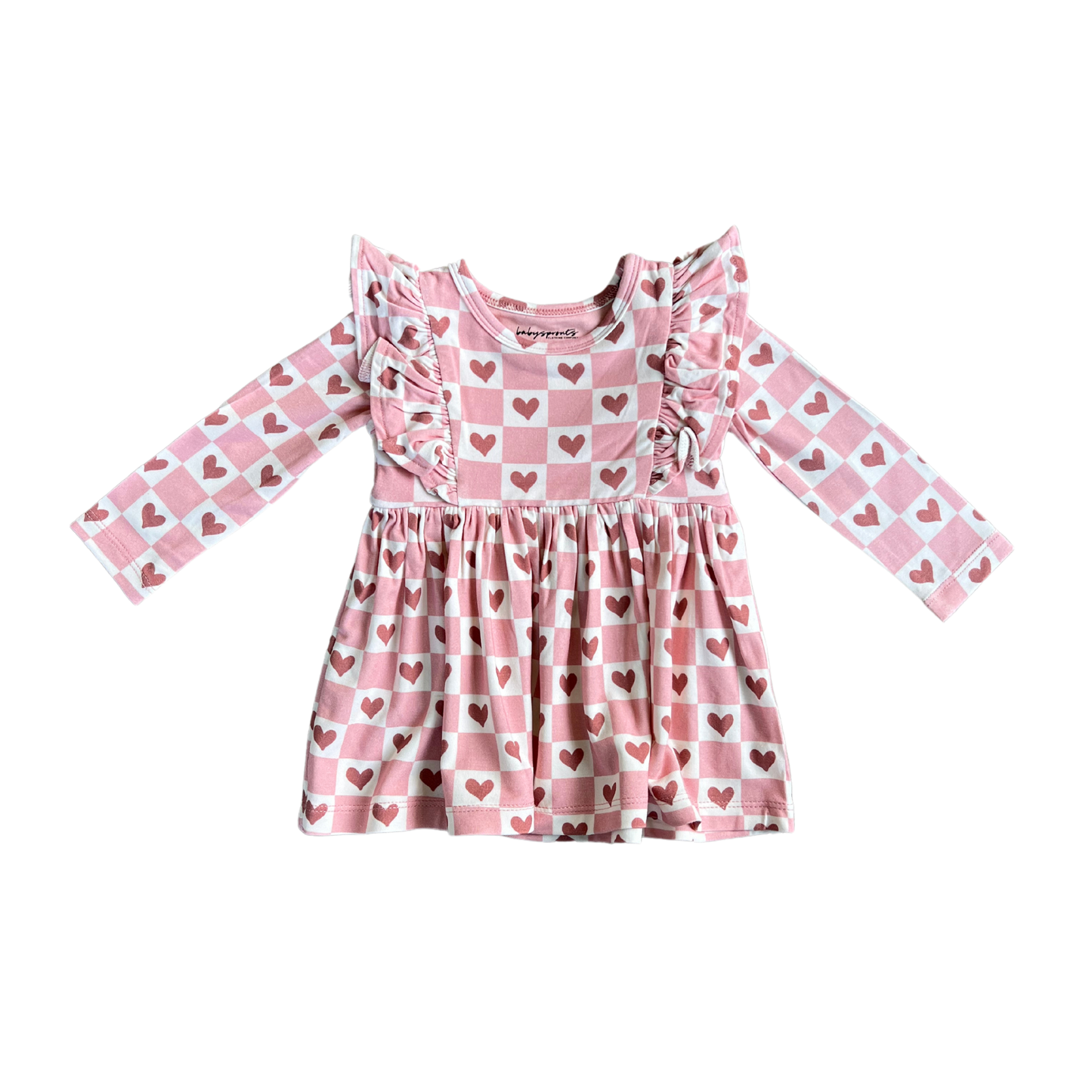 Girl's Long Sleeve Ruffle Dress: Checkered Girl's Hearts