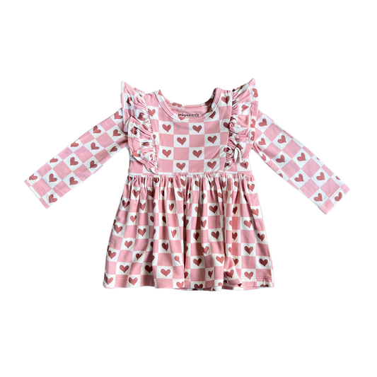 Girl's Long Sleeve Ruffle Dress: Checkered Girl's Hearts