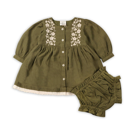 Hazel Embroidered Baby Dress & Bloomer Set (Linen Blend): Olive Green