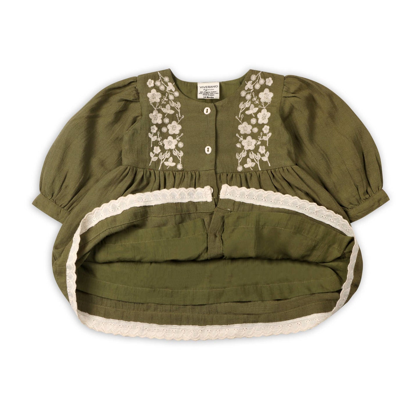 Hazel Embroidered Baby Dress & Bloomer Set (Linen Blend): Olive Green